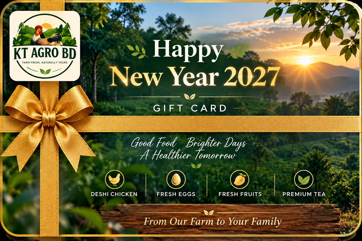 KT AGRO BD New Year 2027 gift card featuring fresh farm products from Tetulia